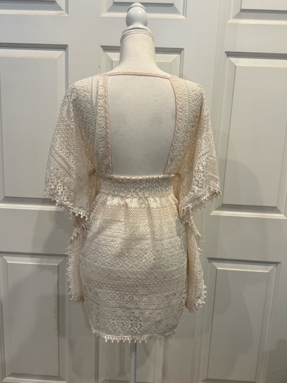 Cream Lace Boho Mini Dress / Swim Cover Open Back Festival Resort - Picture 3 of 7